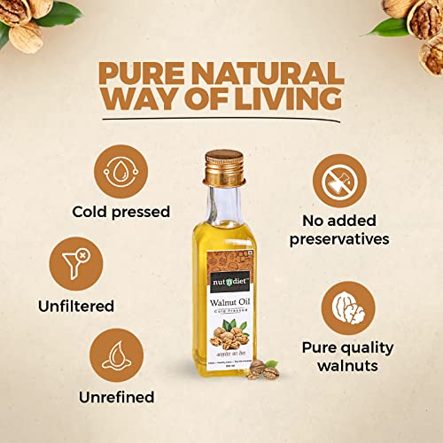 Image of nutndiet Cold Pressed Walnut Oil 100ml Glass Bottle | Pure & Natural Edible Akhrot Ka Tel | Rich in Omega-3 & Antioxidants | Ideal for thyroid massage, Face Skin & Hair Care