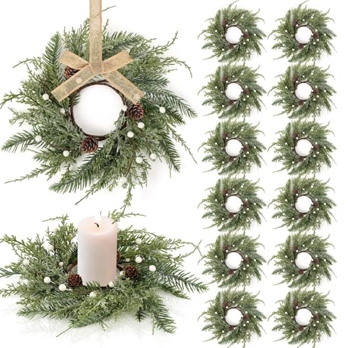 Image of 12 PCS Christmas Wreath Candle Rings Mini Wreath Pine Garland Artificial Frosted Cedar and Pine Cone Candle Rings Holder for Christmas Wedding Home Table Centerpiece Door Window Chair Wall
