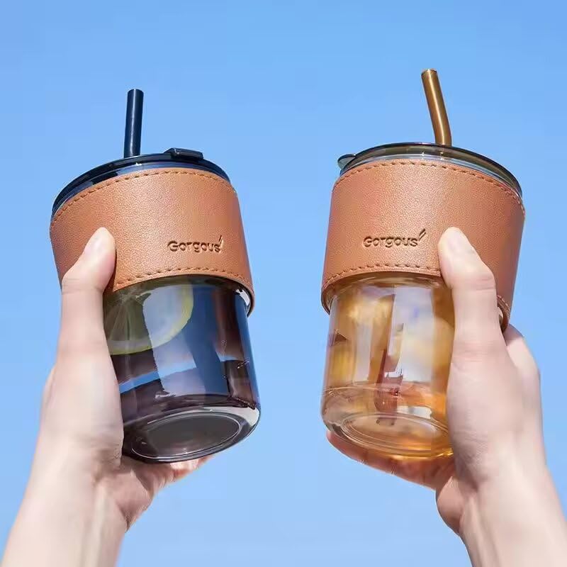 Image of ANKUL Beer Can Glass Tumbler with Straw and Lid Leather Band- 400ml- Pack of 2 - Mojito Sipper Mug with Lid for Kids Milk Cup with Straw (Lather Brown Tumbler, 2)
