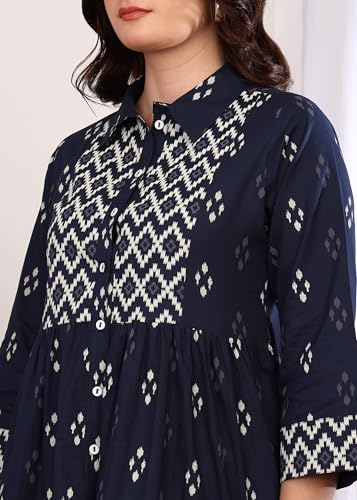 Image of Yash Gallery Women Cotton Regular Fit Geometric Print Hip Length 3 /4th Sleeve Collared Neck Short Kurti