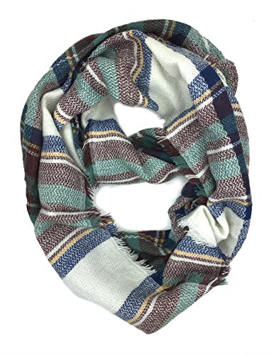 Plum Feathers Premium Plaid Print Infinity Scarf (White-Mint-Plum)