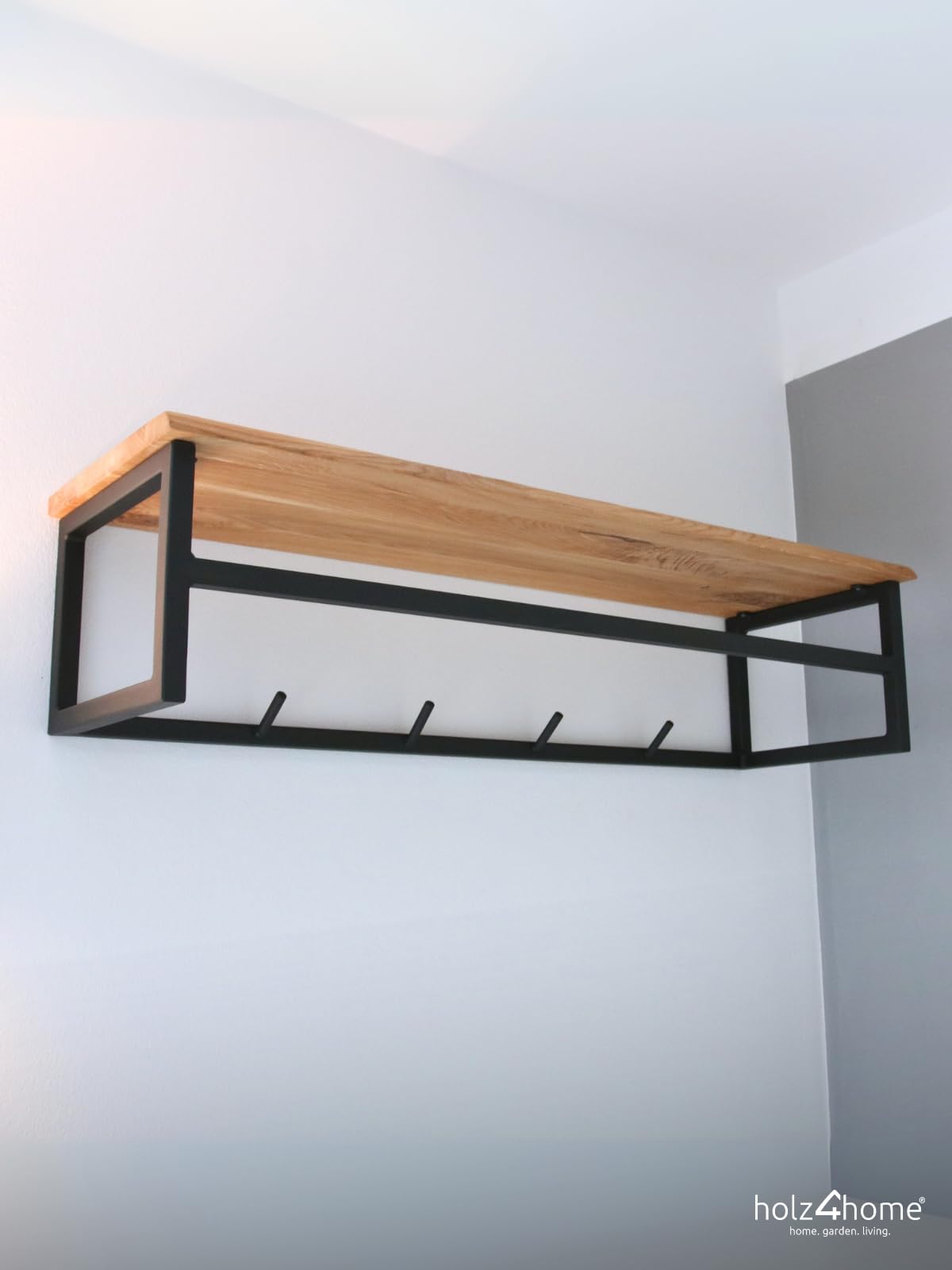 holz4home® Garderobe aus Massivholz mit Baumkante I 92x29x22cm I Naturgeölte Wandgarderobe aus Eichenholz I Metallrahmen inkl. Kleiderbügel