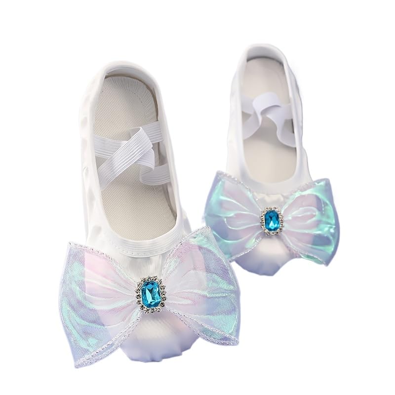 Elegant Pink Ballet Dance Shoes for Girls with Soft Sole - Sparkling Bow & Gemstone Accents, Comfortable Fabric Slip-On Design for Gymnastics, Cheerleading & Training - Ballet Shoes (White,12)