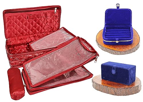 atorakushon Satin Maroon Combo Make-Up Pouch Jewellery Bangle Necklace Organizer Ring Box and Earrings Folder Half Set Bag for Women