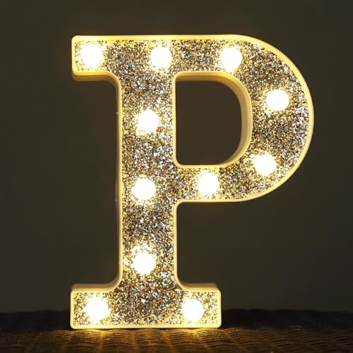 Image of Light Up Letters, Marquee Light Letter for Table Decorations, Glitter Light Up Signs for Prom, Events, or Engagement Party Decor, Featuring Alphabet & Number Lighted Letters, Letter P