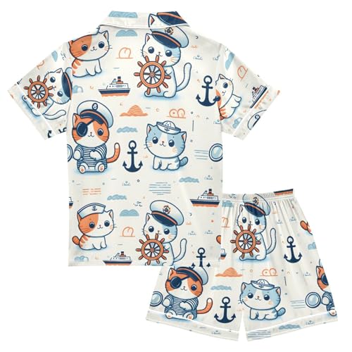 ALAZA Cartoon Cat Anchor Wave Pajamas Satin Pajama Set Short Sleeve Button Down Sleepwear2