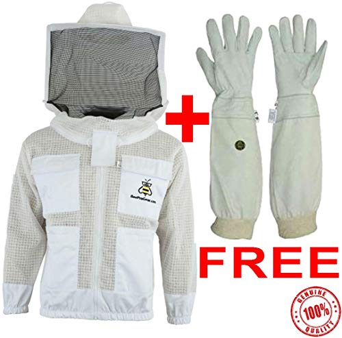 Bee Jacket 3X Layers Safety with FREE GLOVES - Unisex White Fabric Mesh Beekeeping Jacket - Beekeeping Round Veil Protective Clothing - Fully Ventilated Bee Keeping Jacket (Small)
