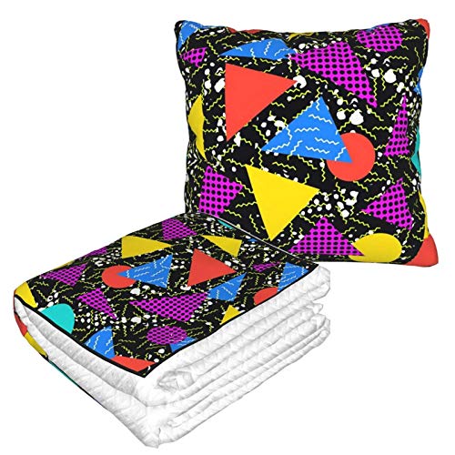 Pillow Blanket 2 in 1 Retro Vintage 80s Memphis Blanket Lightweight Plush Bed Throw Convertible Fleece Blanket Soft Travel Neck Pillow Sofa