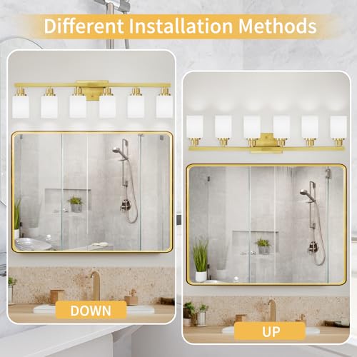 Image of 6 Light Gold Bathroom Vanity Light Bathroom Light Fixture 36.8in | White Frosted Ribbed Glass Shade Modern Brushed Gold Vanity Lighting Fixtures over Mirror Gold Sconces E26 Base