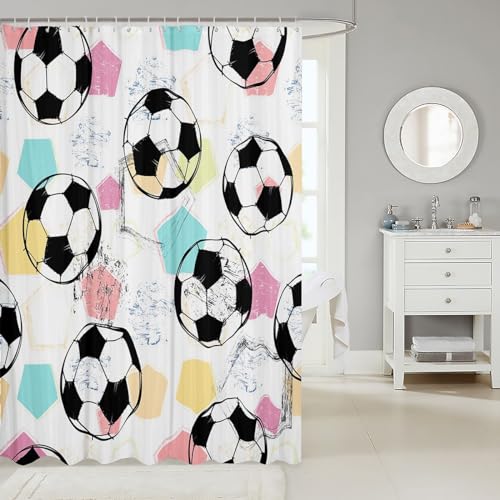 Image of Feelyou Kids Football Waterproof Shower Curtain for Girls Boys Teens - Sports Theme Soccer Ball Bathroom Decor with Hooks - Colorful Geometrics Grunge Design Bath Curtain 72x84 Inch