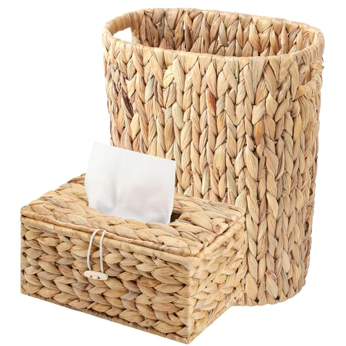 Image of Wicker Trash Can and Rectangle Tissue Box Cover, 4 Gallon Water Hyacinth Bathroom Trash Can, Handwoven Napkin Holder, Narrow Small Waste Basket, Rustic Decorative Home Set for Bedroom,Bathroom,Office
