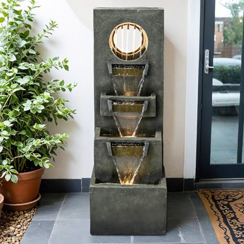 SunJet - Fuente de agua moderna en cascada de 39.3 pulgadas para interiores y exteriores con luces LED, fuente de agua de 4 niveles más grande para decoración de jardín, patio, patio y cubierta