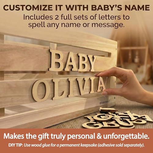 Image of Wooden Baby Shower Crate Closet & Basket with Hanger Rack - Customizable Gift Basket with 2X Alphabet Letter Sets, Eucalyptus, 5 Hangers, Dividers, Nursery Decor Girls Boys (Natural Wood)