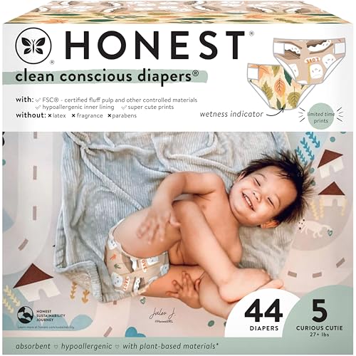 Image of The Honest Company Clean Conscious Diapers | Plant-Based, Sustainable | Fall '24 Limited Edition Prints | Club Box, Size 5 (27+ lbs), 44 Count