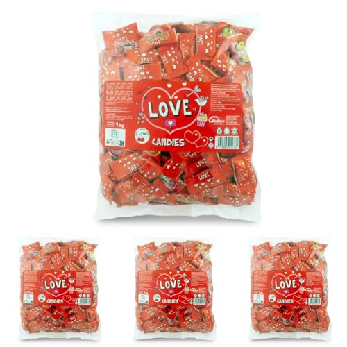 Caramelos Cerdán - Caramelos con Forma de Corazón Love | 333 Unidades | Sabor Cereza | Caramelo Sin Gluten ni Alérgenos | Ideal para San Valentín, Fiestas, y Cumpleaños - Bolsa de 1 Kg (Paquete de 4)