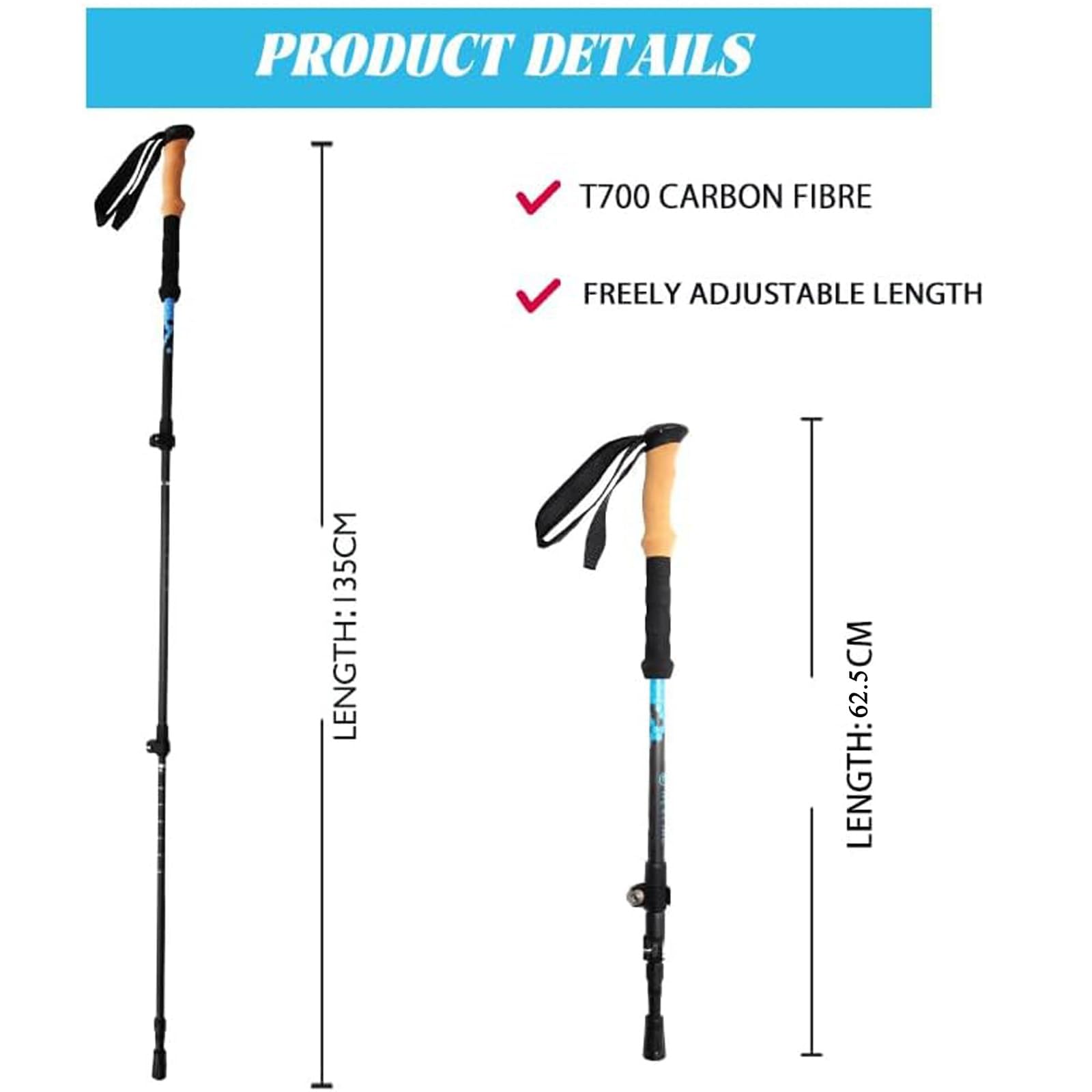 KHEALING Bastones de senderismo ligeros de fibra de carbono (juego de 2) – Longitud ajustable 105-135 cm, mango de corcho, azul, con bolsa de almacenamiento y tapa de bastón, diseñados para senderismo
