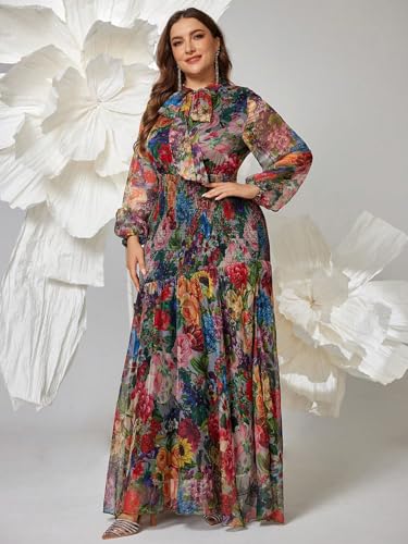 Image of Spring Summer 2024 Plus Size Womens Dresses V Neck Casual Elegant Long Sleeve Floral Print Maxi Dress