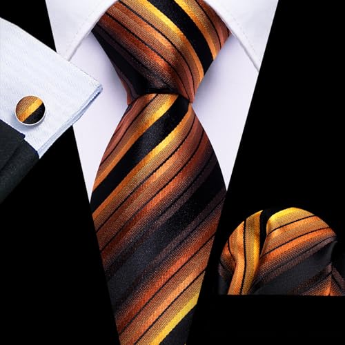 Image of Barry.Wang Tie Sets for Men Silk Stripe Necktie Woven Checkered Handkerchief Cufflinks Formal Business Wedding