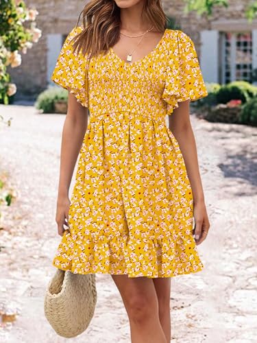 Image of UEAL Womens Cute Floral Smocked V Neck Flutter Sleeve Sundress with Pockets Casual Spring Summer Dresses for Women 2026
