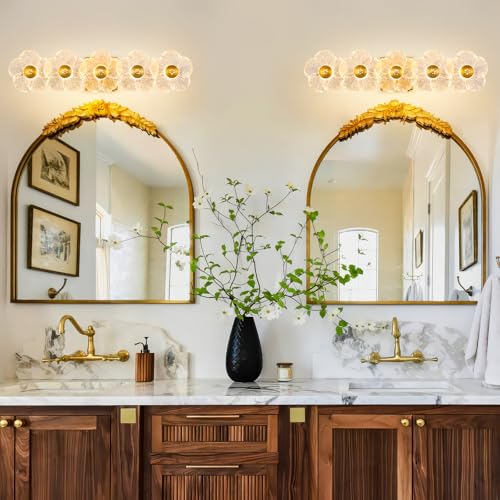 Image of MantoLite 26.7'' Bathroom Light Fixtures Modern Vanity Light Over Mirror Adjustable 3000K-6000K Picture Lights Art Light with Floral Clear Glass Shades for Living Room Bedroom (5 Light Gold)