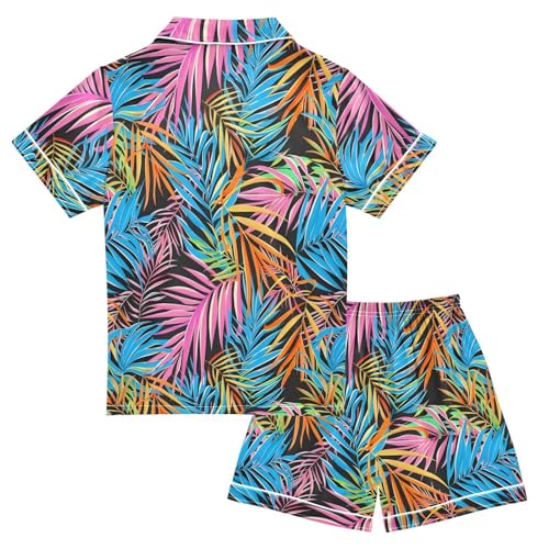 ALAZA Black Exotic Palm Leaf Satin Pajamas Set Short Sleeve Button Down Sleepwear Summer Pjs 2 Piece2