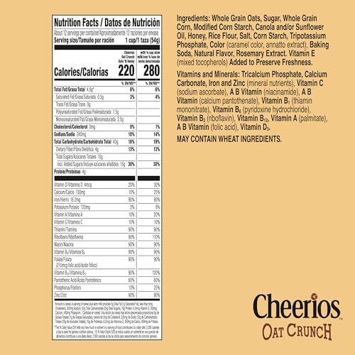Image of Cheerios Oat Crunch Oats 'N Honey Breakfast Cereal, Made with Whole Grain, Family Size, 24 oz