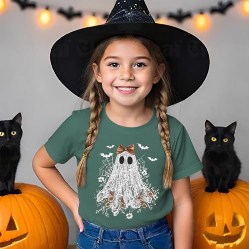 Halloween Shirts for Girls Floral Bow Lace Ghost T-Shirt Kid Spooky Season Outfit Boho Short Sleeve Tees Fall Tops4