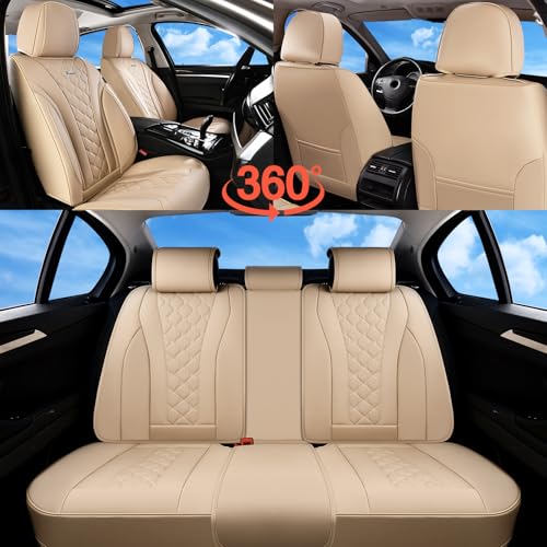 Image of Coverado Car Seat Covers, Leather Seat Covers Full Set, Beige Seat Covers, Perforated Diamond Leather Car Seat Cover, Breathable Car Seat Cushion, Waterproof Car Seat Protector Fit for Most Cars