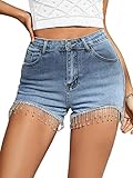 Verdusa Women's High Waisted Rhinestone Fringe Trim Denim Shorts Blue S