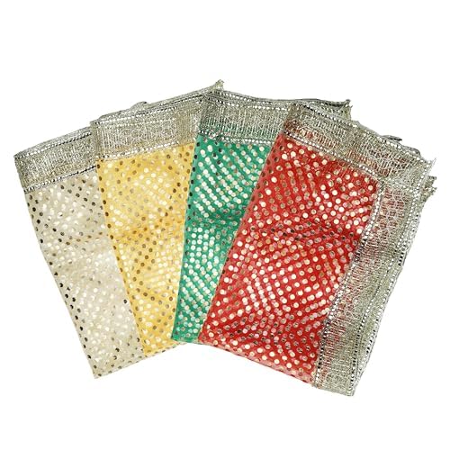 Set of 4 Chunari Decorative Silk Cloth Puja Chunni ChunarAasan Mat for Statue Frame Idol Temple for Indian Traditional Decoration (Size :- 20 Inches x 14 Inches) (Red, Green, White and Yellow)