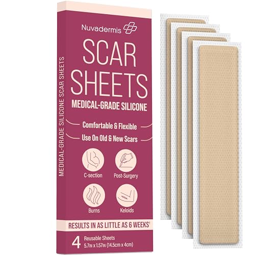 NUVADERMIS Silicone Scar Sheets – Extra Long Medical-Grade Scar Sheets for C-Section, Tummy Tuck, Keloid, and Surgical Scars – Reusable and Effective – Pack of 4 – Light Tone