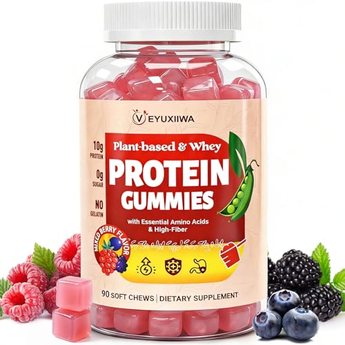 Whey Protein with Plant Based & Amino Acids - Protein Powder Alternative Immunity Energy & Gut Support 90 Protein Gummies for Women & Men Zero Free No Gelatin High Protein Mixed Berry Flavor