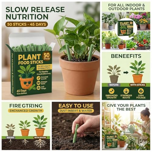 Image of Amazon Brand - Natural Fertilizer Sticks, Magic Stick Plant Food for Indoor & Outdoor Plants, Natural Fertilizer Home Garden Plants | Plant Growth Booster Healthy Plant Flower Food Stick | Pack of 50
