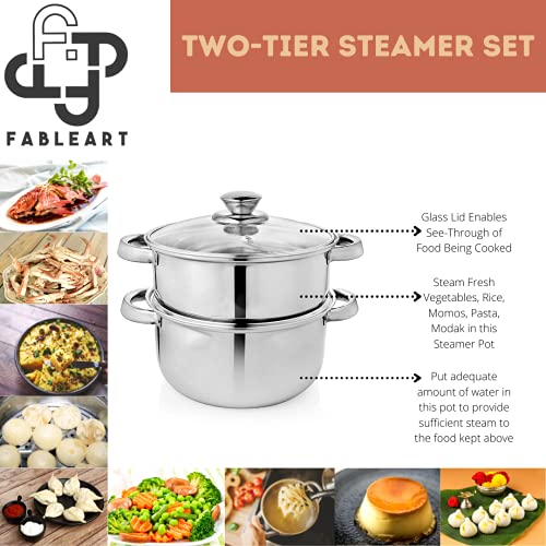 Image of Stainless Steel Steamer Set with Glass Lid | Pasta Steamer | Vegetable Steamer | Momo Steamer | Rice Steamer; 20 cm; 3pc Set; Premium Steel Products