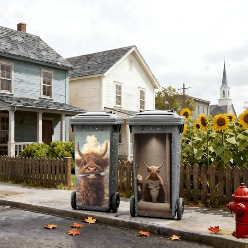 Image of 2 PC Trash Can Sticker 14.57 x 32.28 Inch Funny Highland Cow Design Vinyl Sticker with Toothbrush Newspaper and Mountain Bathroom Pattern for Outdoor Garbage Bin Garden Yard Driveway Home Decor