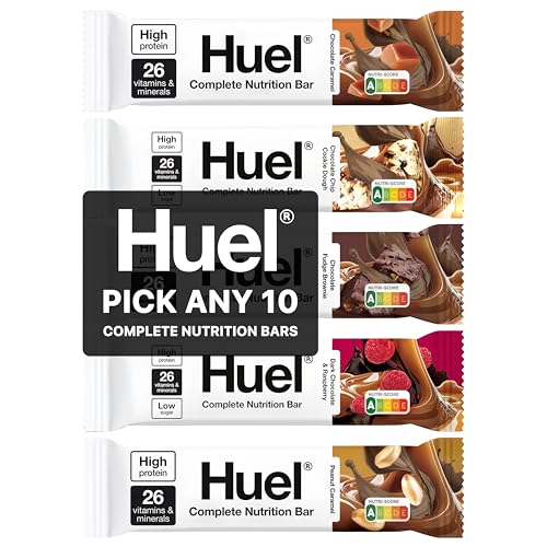 HUEL Complete Nutrition Bars - 51g Bars - Pick any 10-5 Flavours to choose from - Choc Chip Cookie Dough, Dark Chocolate & Raspberry, Chocolate Fudge Brownie, Peanut Caramel and Chocolate Caramel