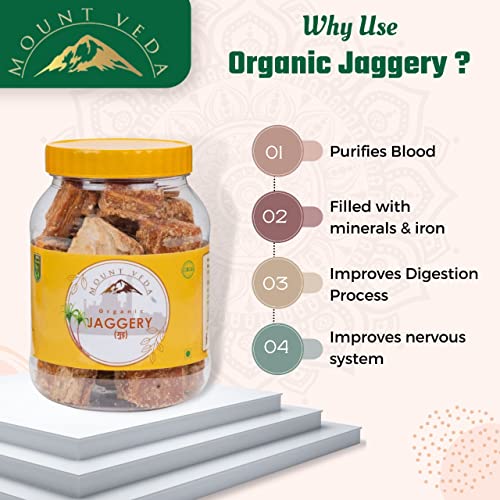 Image of Mountveda Pure and Organic Jaggery Cubes /Finest Sugarcane Desi Gud,Karupatti,Mittai,Bellam,Thati,Gur,Bella /Natural Handmade Jaggery Block for Sweetener /Iron & Protein & Nutrient Rich Jaggery - 900 gms