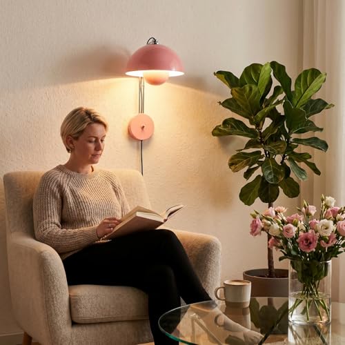 Image of COSYLUX Mid-Century Modern Bud Plug in Wall Sconces for Bedroom, Light Pink | Indirect lighting reading wall lamp, all-metal construction, plug-in or hardwired install, fits bedroom bedside, living room