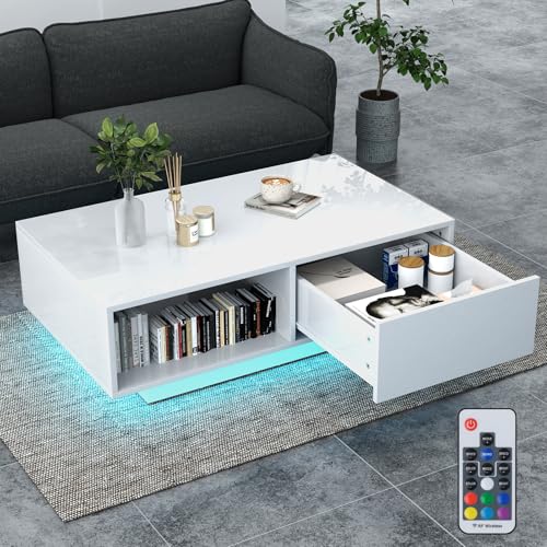 GOPLUS Table Basse Laquée avec 20 Lumières LED Couleurs et Télécommande, Table Basse Salon Noir Charge 65KG, 9 Luminosité et 10 Modes Clignotants (Blanc)