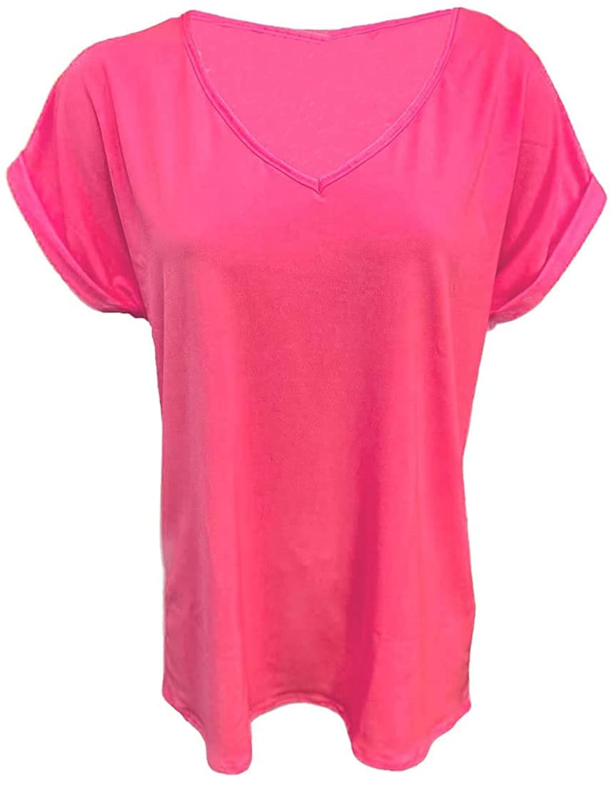 Fairy Boutique Women's Neon Pink Turn Up Sleeve V Neck T Shirt Oversized Baggy Batwing Top Plus Size T Shirt