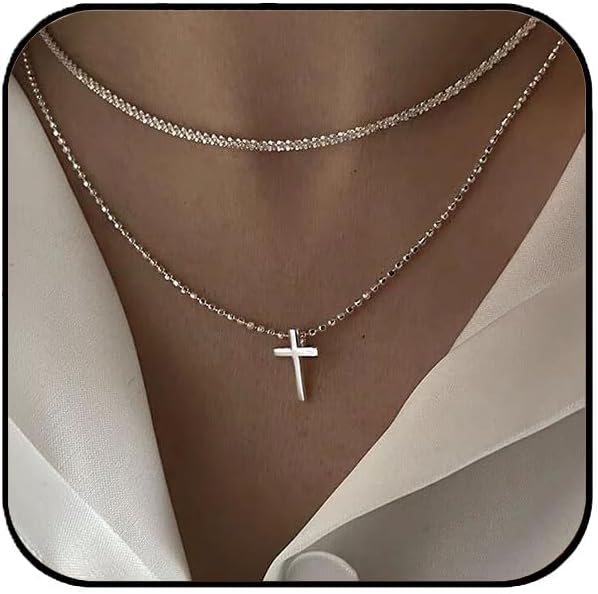 Aluinn Silver Layered Rope Necklace for Women Simple Silver Cross Pendant Choker Chain Necklace Cute Tiny Trendy Necklaces Jewelry Gift for Women