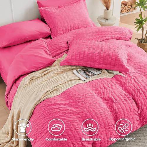 Image of HYMOKEGE Hot Pink Full Size Comforter Sets Seersucker 7 Pieces, All Season Luxury Bed in a Bag for Bedroom, Bedding Set with Comforter, Sheets, Pillowcases & Shams