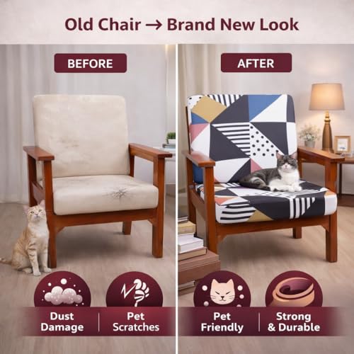 Image of STITCHNEST 'Contour Fit Series' Stretchable Printed Wooden Sofa Cover (Pack of 2) - Elastic Wooden Chair Cover | Wooden Sofa Seat Cover | Size - 20-21 x 20-21 x 3-5 in