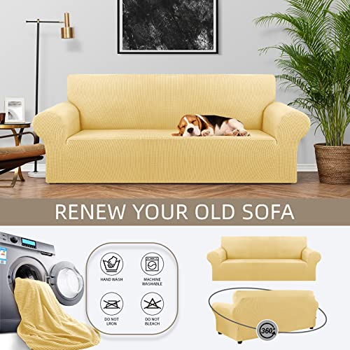 KEKUOU Stretch Sofa Cover Slipcover ,Couch Covers for 3 Cushion Couch Sofa pet Friendly (78"-94") Furniture Protector Sofa with Elastic Bottom for Kids,Dog, Jacquard Small Checked(Large,Champagne)