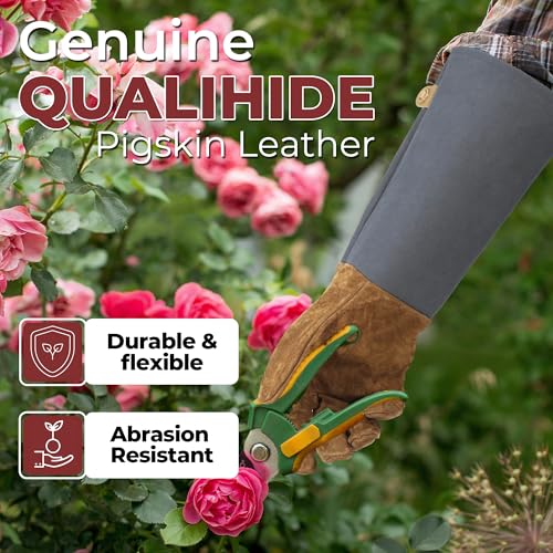 Image of HANDLANDY Rose Pruning Gloves for Men Women, Thorn Proof Gardening Gloves | Long Leather Gardening Gloves, Breathable Leather Gauntlet, Best Garden Gifts & Tools for Gardener (Steel Gray, M)