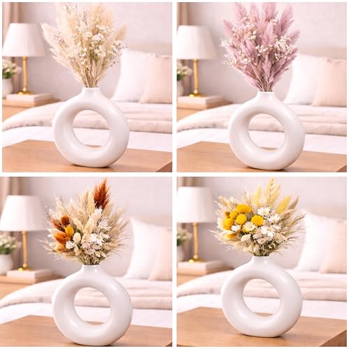 Image of Modern Matte White Ceramic Donut Vase - Minimalist Hollow Round Decorative Vase for Living Room, Bedroom, Office & Table Decor, 5x5.1 Inch