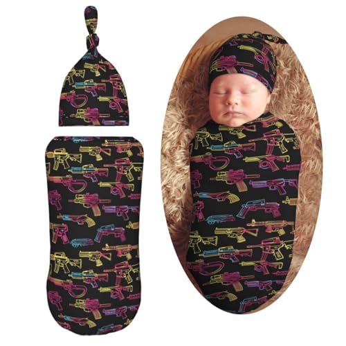Image of Neon Various Popular Guns Newborn Swaddle Blankets Hat Sets Soft Baby Receiving Blanket Swaddle Sack for Baby Shower Infant Boy Girl Gift