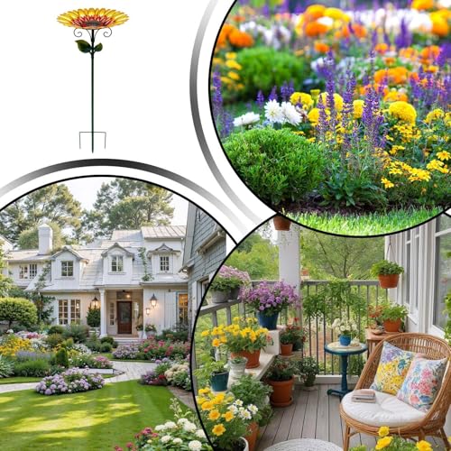 Bebedero para pájaros evita sequía en jardín con girasol 5
