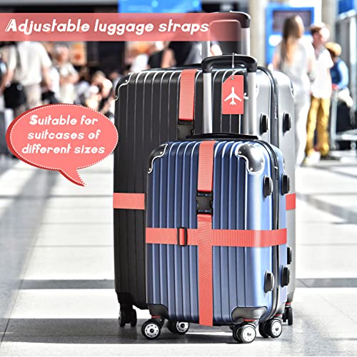 Image of Weewooday 8 Pcs Luggage Straps Suitcase Tags Set for TSA Approved, 4 Travel Adjustable Suitcase Belt, 4 Silicone Luggage Tags with Name ID Card Travel Accessories(Dark Pink,Airplane)