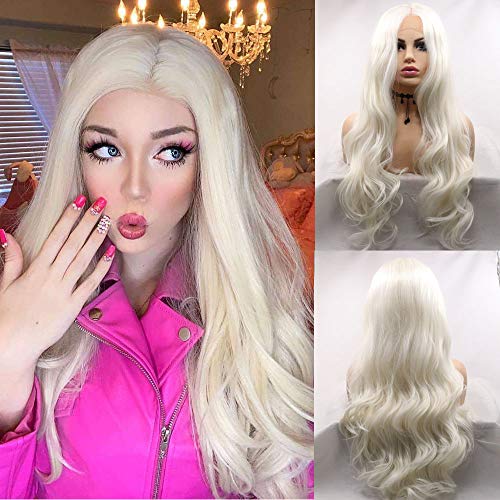 60# Platinum Blonde Wig Long Natural Curly Wavy Healthy Real Glueless Lace Front Wigs for Women Fashion Color Pre Plucked Synthetic Heat Safe Hair Wigs Female Cosplay Wedding Daily Wig